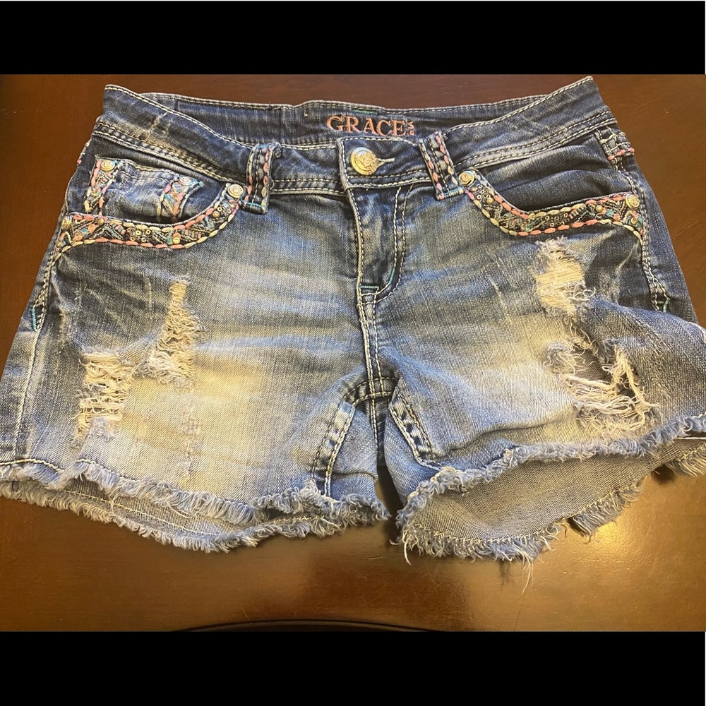 Grace in LA Embroidered Distressed Denim Shorts 27